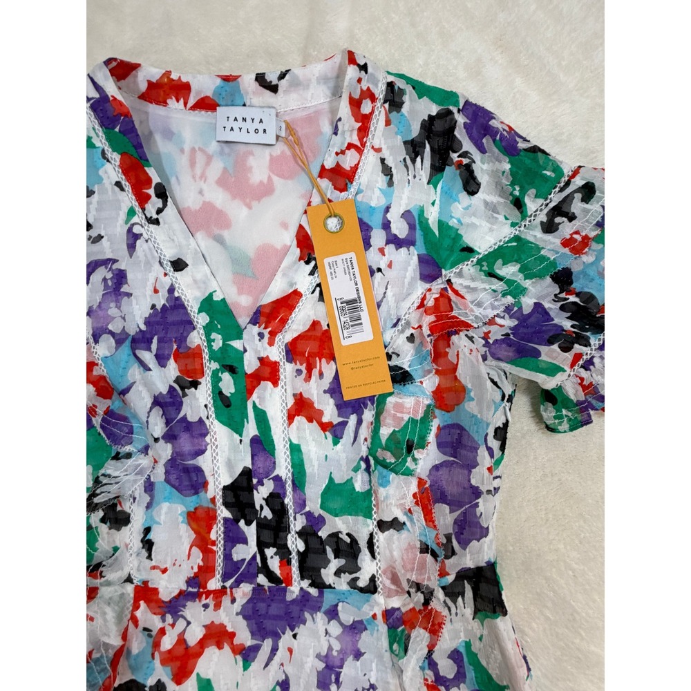 Tanya Taylor Rhett Multi Floral Ruffle V-Neck Mini Dress Womens 2 New - Picture 13 of 15